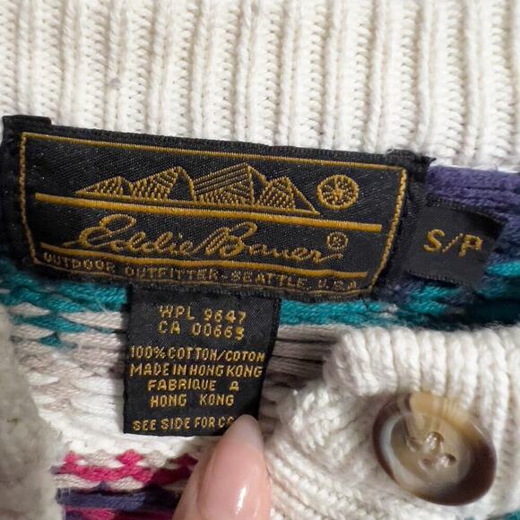 Vintage Eddie Bauer Cardigan Small Sweater Cotton Cottage Green Pink Pattern - Picture 7 of 11